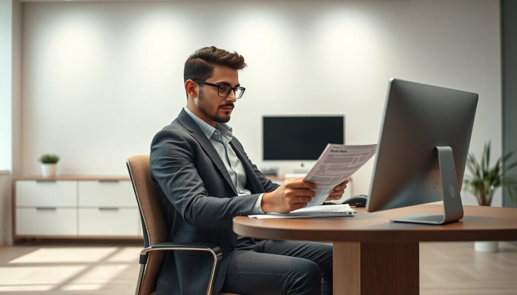 A brightly lit, well-designed office space with a large desk, a sleek computer setup, and a professional-looking person sitting in a comfortable chair, carefully reviewing insurance documents and paperwork. The person's expression conveys a sense of focus and determination as they navigate the process of obtaining a car insurance quote. The background features a modern, minimalist aesthetic with clean lines and muted colors, creating a calming, efficient atmosphere. Soft, directional lighting illuminates the scene, casting subtle shadows and highlighting the key elements. The overall composition and attention to detail reflect the professionalism and reliability of the Guardian Car Insurance brand.