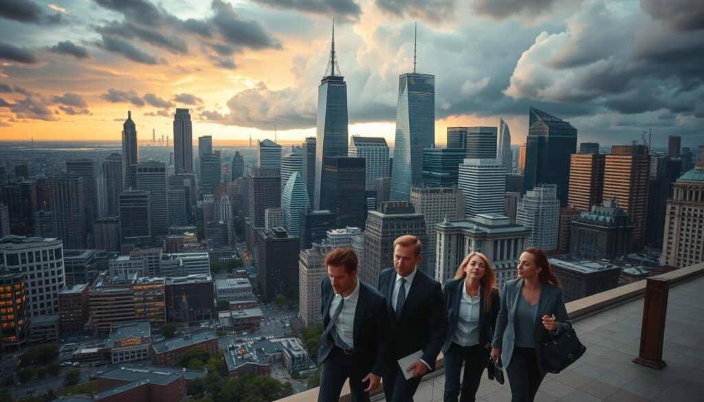 A bustling city skyline at dusk, with towering skyscrapers casting long shadows across a maze of winding streets. In the foreground, a group of businesspeople hurry along the sidewalk, their faces etched with worry and determination. The lighting is dramatic, with warm tones highlighting the urgency of their movements. In the background, a thunderstorm gathers, casting an ominous tone over the scene. The overall atmosphere conveys the high-stakes, high-risk nature of the business world, where success and failure hang in a delicate balance.