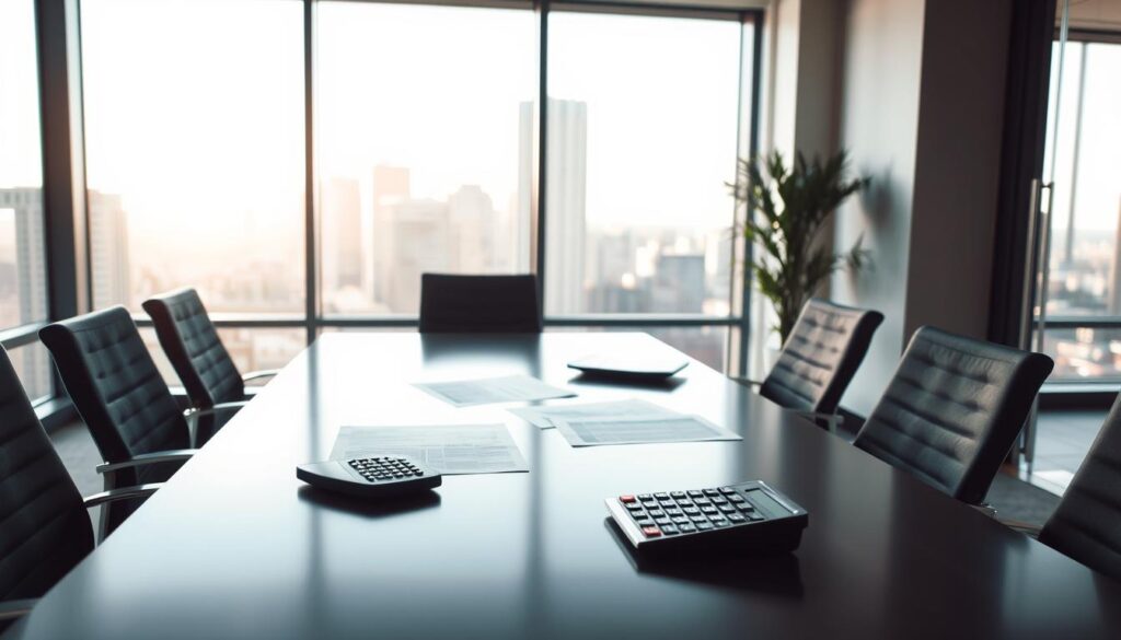 A calm, modern office interior with a conference table surrounded by chairs. On the table, documents and a calculator represent the financial and legal aspects of an insurance dispute. In the background, a large window overlooking a city skyline casts warm, natural lighting throughout the scene. The mood is professional yet contemplative, suggesting the thoughtful consideration of alternatives to a lawsuit. The camera angle is slightly elevated to provide an overhead view, emphasizing the collaborative nature of the setting.