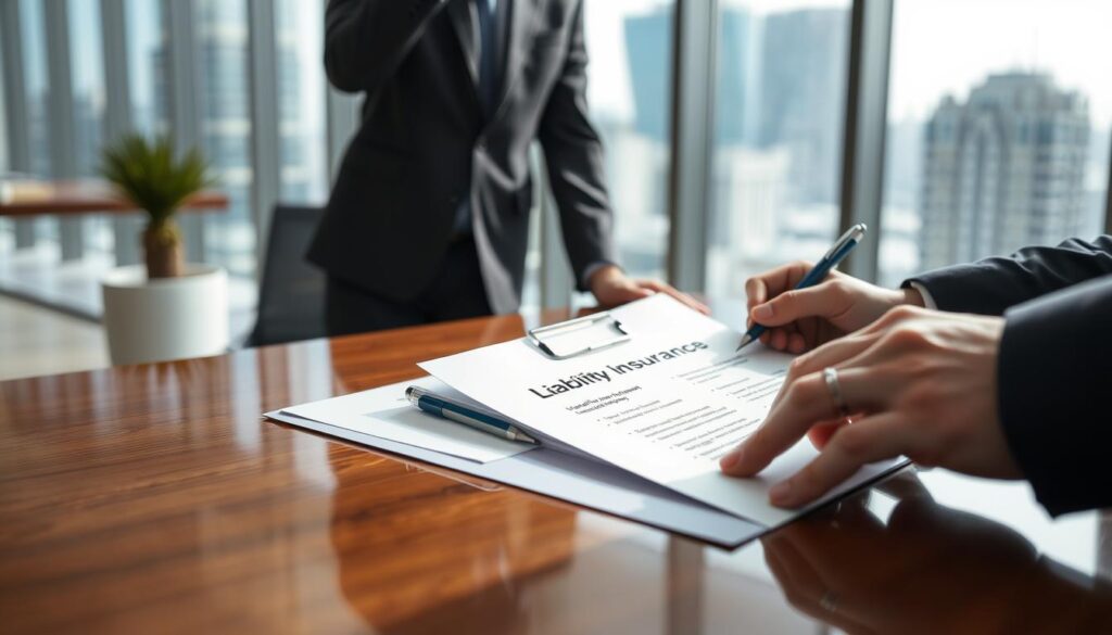 A close-up shot of a businessman's hands signing a liability insurance contract on a glossy wooden table, with a pen and a folder containing the policy documents in the foreground. The middle ground features a professional, modern office setting with minimalist decor and floor-to-ceiling windows, allowing natural light to pour in and create a sense of transparency and clarity. In the background, a blurred cityscape can be seen, hinting at the high-stakes, high-risk business environment that necessitates the purchase of such insurance. The overall mood is one of professionalism, security, and the importance of comprehensive coverage for businesses facing unique challenges.