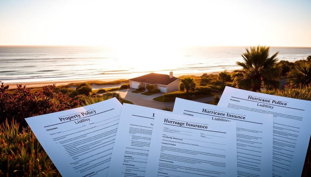 A coastal landscape with a beachfront property, bathed in warm, golden sunlight. In the foreground, a variety of insurance policy documents, each representing different coverage options - property, liability, flood, and hurricane insurance. The middle ground showcases a well-maintained home, surrounded by lush vegetation and a paved driveway. In the background, a tranquil ocean stretches out, with gentle waves lapping against the shore. The overall scene conveys a sense of security, protection, and the importance of comprehensive insurance coverage for coastal living.