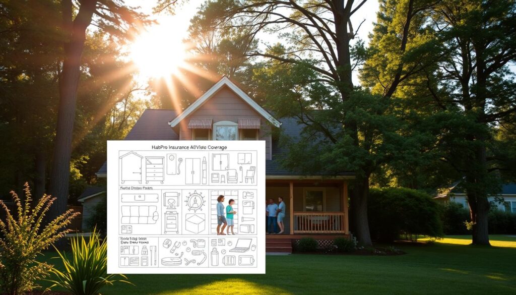 A cozy suburban home nestled amidst lush greenery, the sun's warm rays filtering through tall trees. In the foreground, a family gathers on the porch, discussing the comprehensive coverage provided by their HabPro Insurance policy. Behind them, a detailed blueprint unfolds, showcasing the robust protections against various risks, from natural disasters to unexpected accidents. The middle ground features a variety of household objects, each one symbolizing a potential hazard mitigated by the policy's comprehensive coverage. In the background, a serene landscape sets the stage, emphasizing the peace of mind that HabPro Insurance provides to its policyholders.