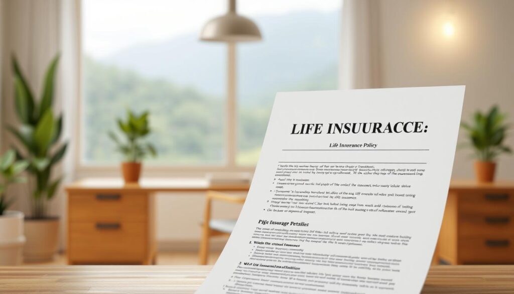 A detailed, high-quality 3D rendering of a life insurance policy document against a softly blurred background. The document is situated in the foreground, displaying the key coverage details in a clean, organized layout. The middle ground features a serene, warm-toned office setting with a wooden desk, potted plants, and a subtle window overlooking a lush, natural landscape. The lighting is soft and diffused, creating a sense of professionalism and trustworthiness. The overall composition conveys a feeling of security, reliability, and the peace of mind associated with a comprehensive life insurance plan.
