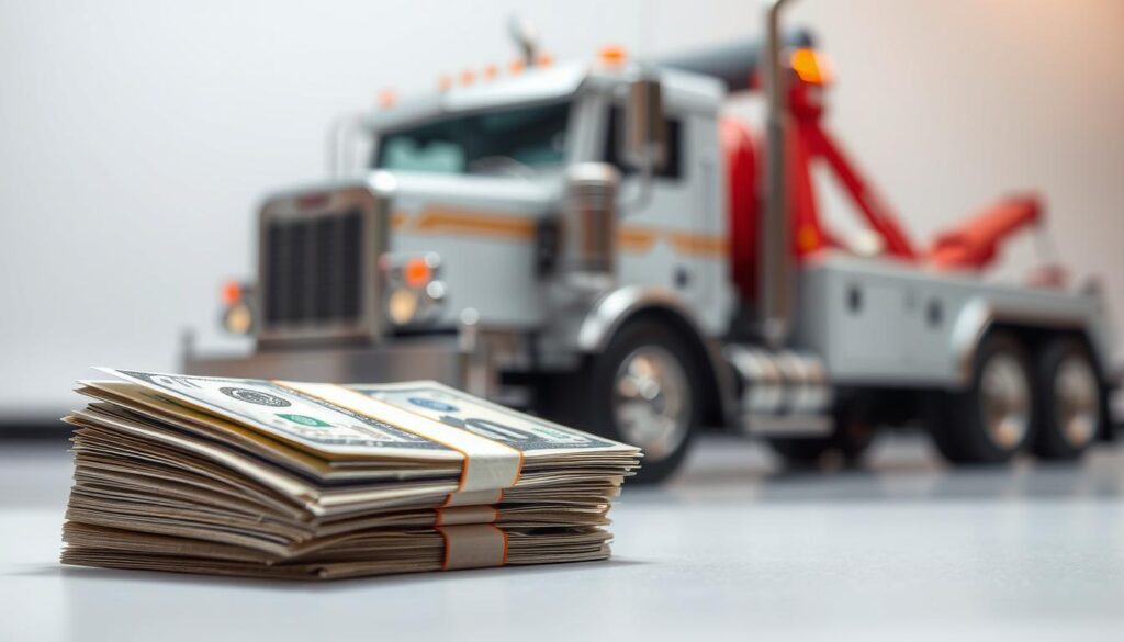 A detailed, high-resolution image depicting the cost of tow truck insurance, set against a clean, professional backdrop. In the foreground, a stack of crisp dollar bills representing the monthly premium, with a tow truck partially visible in the middle ground. The background should convey a sense of safety and security, perhaps with a subtle pattern or texture suggestive of a reputable insurance provider. The lighting should be soft and inviting, with a slight vignette effect to draw the viewer's attention to the central elements. The overall tone should be one of trust, reliability, and financial responsibility, reflecting the subject matter of the article section. A detailed, high-resolution image depicting the cost of tow truck insurance, set against a clean, professional backdrop. In the foreground, a stack of crisp dollar bills representing the monthly premium, with a tow truck partially visible in the middle ground. The background should convey a sense of safety and security, perhaps with a subtle pattern or texture suggestive of a reputable insurance provider. The lighting should be soft and inviting, with a slight vignette effect to draw the viewer's attention to the central elements. The overall tone should be one of trust, reliability, and financial responsibility, reflecting the subject matter of the article section.