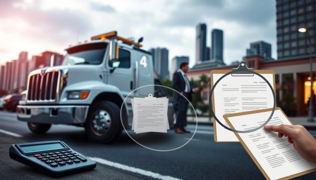 A detailed tow truck parked on a city street, with various insurance-related factors illustrated around it. In the foreground, a calculator, a clipboard with documents, and a magnifying glass examining policy details. In the middle ground, a person in formal attire discussing a contract with the tow truck driver. In the background, a partially obscured skyline with skyscrapers, suggesting an urban setting. The scene is lit by a combination of natural daylight and subtle artificial lighting, creating a balanced, professional atmosphere. The overall composition emphasizes the key elements of tow truck insurance, such as policy considerations, risk assessment, and client interaction. A detailed tow truck parked on a city street, with various insurance-related factors illustrated around it. In the foreground, a calculator, a clipboard with documents, and a magnifying glass examining policy details. In the middle ground, a person in formal attire discussing a contract with the tow truck driver. In the background, a partially obscured skyline with skyscrapers, suggesting an urban setting. The scene is lit by a combination of natural daylight and subtle artificial lighting, creating a balanced, professional atmosphere. The overall composition emphasizes the key elements of tow truck insurance, such as policy considerations, risk assessment, and client interaction.