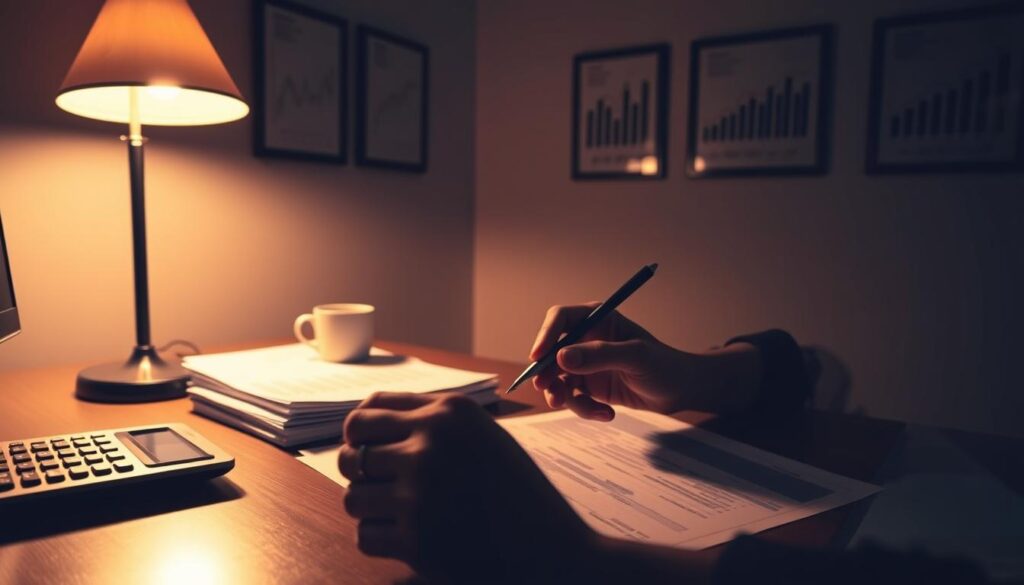 A dimly lit office space, the desk illuminated by a warm desk lamp. On the surface, a calculator, a stack of documents, and a mug of coffee. In the foreground, a hand holding a pen, carefully examining a spreadsheet. The walls are adorned with framed financial charts and graphs, casting a pensive atmosphere. Through the window, the cityscape is visible, hinting at the high-stakes world of business. The lighting is soft and moody, creating a sense of contemplation and risk assessment. The overall scene conveys the careful, analytical process of managing high-risk insurance coverage and lowering premiums.