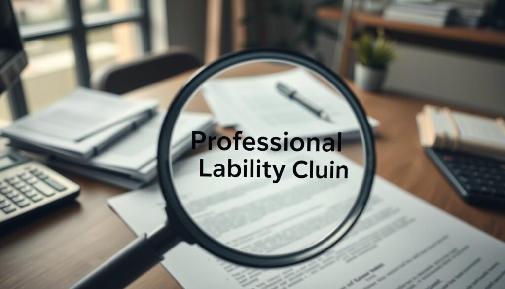 A high-angle view of a desk in a modern office, with stacks of documents, a pen, and a calculator. In the foreground, a magnifying glass hovers over a contract, highlighting the text "Professional Liability Claims". The lighting is soft and diffused, creating a contemplative atmosphere. The background is blurred, emphasizing the focus on the desk contents. The overall impression conveys the importance of carefully reviewing and managing professional liability claims for high-risk businesses.