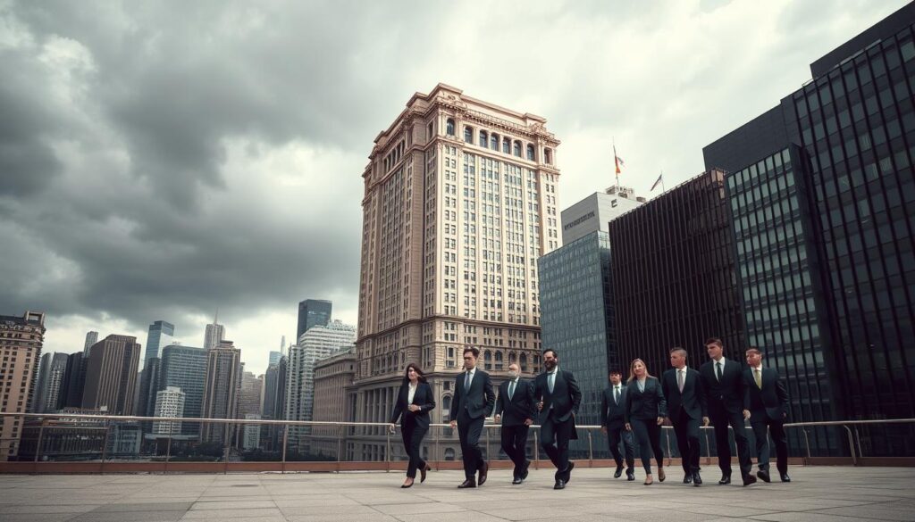A high-rise cityscape with a large corporate building in the center, surrounded by a moody, ominous sky. The building's façade features intricate architectural details, conveying a sense of stability and sophistication. In the foreground, a group of businesspeople in formal attire walks with a sense of purpose, their faces reflecting the seriousness of their task. Soft, directional lighting casts dramatic shadows, adding depth and texture to the scene. The overall atmosphere is one of professionalism, risk, and the need for comprehensive insurance coverage to protect the company's interests.