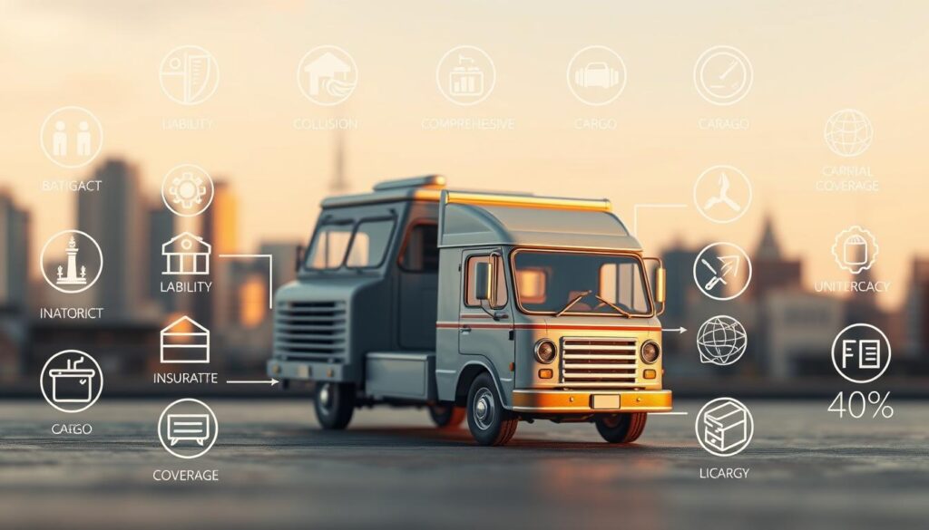 A highly detailed digital illustration depicting various types of artisan truck insurance coverage. The foreground showcases an array of icons and symbols representing different insurance policies, such as liability, collision, comprehensive, and cargo coverage. The middle ground features a well-crafted artisan truck in a realistic 3D rendering, capturing its intricate design and craftsmanship. The background is a softly blurred cityscape, conveying a sense of professionalism and reliability. The overall composition is lit by warm, golden tones, creating a welcoming and trustworthy atmosphere. The image is rendered with exceptional clarity and attention to detail, highlighting the importance of comprehensive insurance for artisan truck businesses.