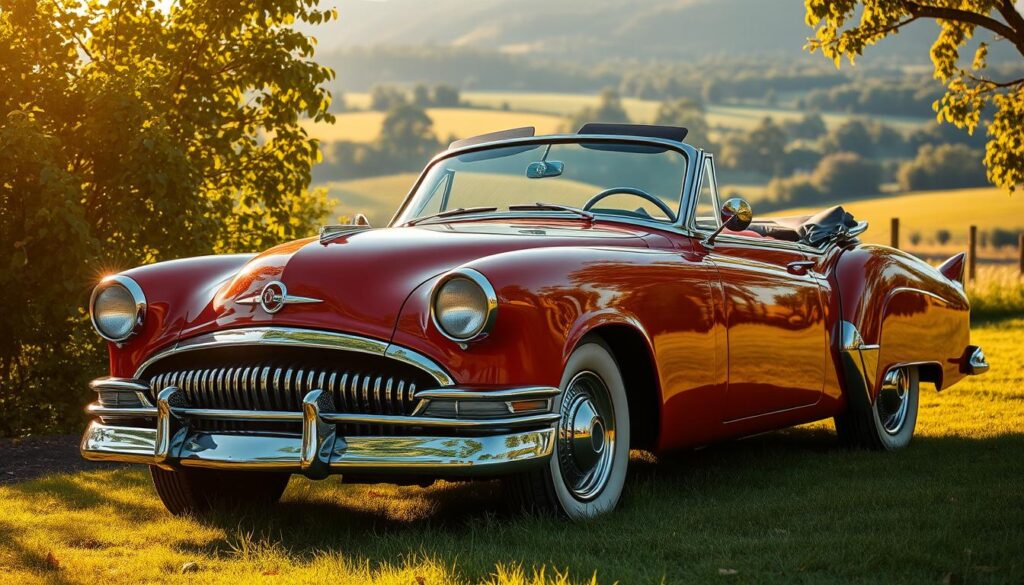 A meticulously detailed classic car in a lush, verdant setting, bathed in warm, golden sunlight. The gleaming, well-polished exterior showcases the vehicle's timeless elegance, while the intricate chrome accents and vibrant paint finish capture the essence of its vintage charm. The car is positioned against a backdrop of lush foliage, with a picturesque countryside landscape in the distance, conveying a sense of tranquility and pastoral beauty. The scene exudes a sense of nostalgia and the timeless allure of vintage automotive culture, perfectly capturing the essence of "classic car insurance" and the benefits of choosing the right policy to protect such a cherished possession. A meticulously detailed classic car in a lush, verdant setting, bathed in warm, golden sunlight. The gleaming, well-polished exterior showcases the vehicle's timeless elegance, while the intricate chrome accents and vibrant paint finish capture the essence of its vintage charm. The car is positioned against a backdrop of lush foliage, with a picturesque countryside landscape in the distance, conveying a sense of tranquility and pastoral beauty. The scene exudes a sense of nostalgia and the timeless allure of vintage automotive culture, perfectly capturing the essence of "classic car insurance" and the benefits of choosing the right policy to protect such a cherished possession.