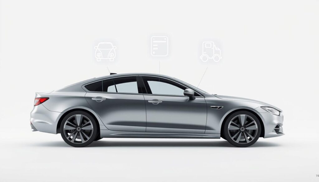 A minimalist, sleek and modern 3D illustration of Guardian Auto Insurance benefits, showcasing a car silhouette against a clean white background. The car is rendered in a metallic, chrome-like material, casting subtle reflections. In the foreground, hovering above the car, are 4-5 glowing, holographic icons representing the key benefits of Guardian Auto Insurance, such as comprehensive coverage, roadside assistance, and accident forgiveness. The lighting is soft and directional, creating depth and dimension. The overall mood is one of professionalism, reliability, and confidence in the comprehensive protection offered by Guardian.