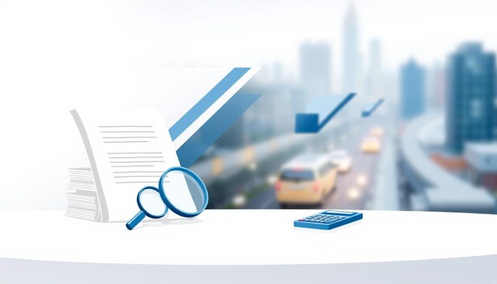 A modern and minimalist illustration showcasing the key insurance benefits offered by Abbey Insurance. In the foreground, a clean white background emphasizes the focal elements - a stack of documents, a magnifying glass, and a calculator, symbolizing the comprehensive coverage and financial protection. The middle ground features a sleek, geometric graphic design with dynamic shapes in a palette of blues and grays, conveying the professionalism and reliability of the Abbey Insurance brand. The background gently fades into a soft, blurred cityscape, suggesting the wide-ranging protection that Abbey Insurance provides for its clients in the real world. Soft, directional lighting and a subtle vignette effect create a sophisticated, high-quality aesthetic.