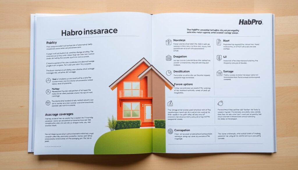 A modern, clean-lined insurance policy document with a stylized graphic of a home on the cover, bathed in warm, natural lighting. The interior pages showcase a variety of coverage options, each represented by minimalist icons and short descriptions, conveying the comprehensive protection offered by HabPro Insurance. The layout is balanced, with ample white space to focus the viewer's attention. The overall mood is professional, trustworthy, and reassuring, reflecting the reliable coverage HabPro provides for homeowners.