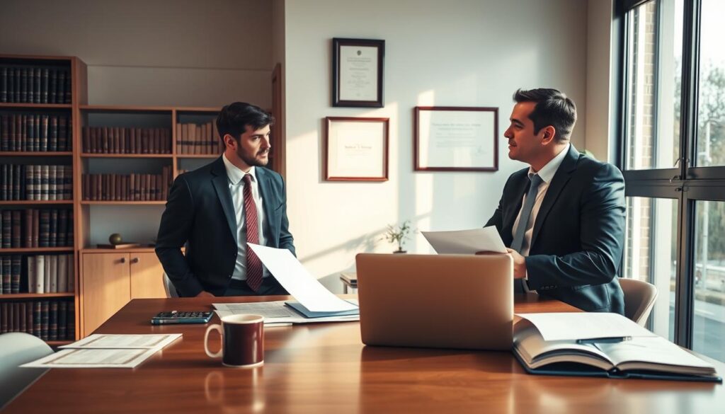 A modern law office with large windows, showcasing a table with legal documents, a laptop, and a mug of coffee. In the foreground, two suited professionals engaged in a serious discussion, their expressions conveying the gravity of the insurance lawsuit process. In the background, a bookshelf filled with legal tomes and a framed certificate on the wall, lending an air of authority and expertise. Warm, natural lighting filters through the windows, creating a professional and contemplative atmosphere.