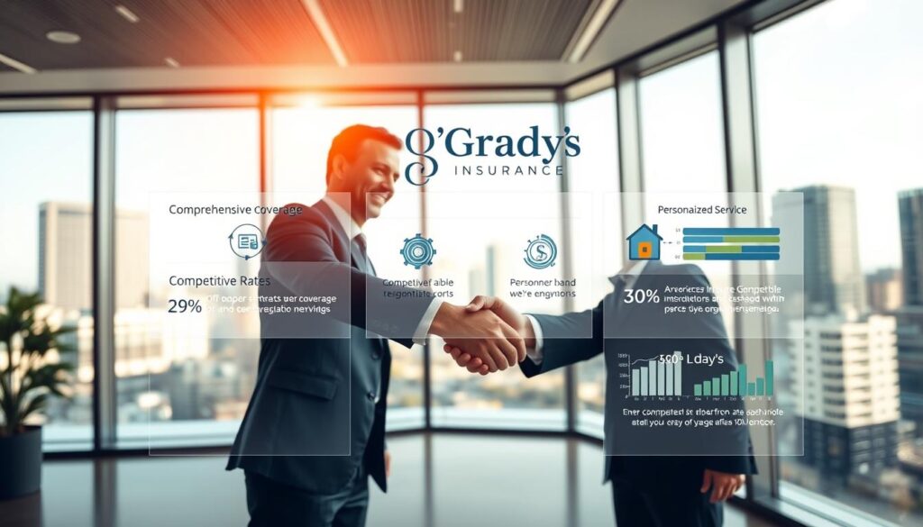 A modern, sleek office interior with large windows overlooking a cityscape. In the foreground, a handshake between a businessperson and an insurance agent, conveying a sense of trust and partnership. The middle ground features informative charts and graphs highlighting the key benefits of O'Grady's Insurance, such as comprehensive coverage, competitive rates, and personalized service. The background showcases the company's logo and branding, creating a cohesive and professional visual. The lighting is warm and inviting, setting a tone of security and reliability. The composition uses a wide-angle lens to capture the entire scene, emphasizing the collaborative nature of the insurance relationship.