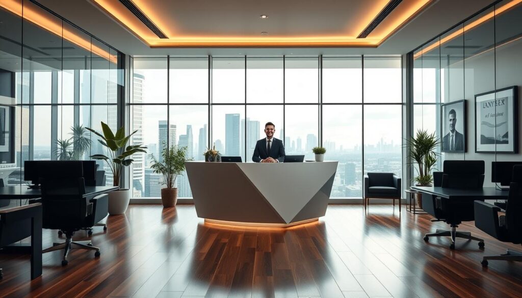 A modern, sophisticated insurance office interior, with sleek glass walls, polished hardwood floors, and ergonomic furniture. Soft, indirect lighting casts a warm glow, creating a professional yet inviting atmosphere. In the foreground, a large, angular reception desk is staffed by a friendly, well-dressed attendant. Behind them, a panoramic view of the cityscape outside, with skyscrapers and a vibrant skyline. Potted plants and tasteful artwork adorn the space, conveying a sense of stability and expertise. The overall impression is one of comprehensive, reliable insurance solutions for discerning clients.