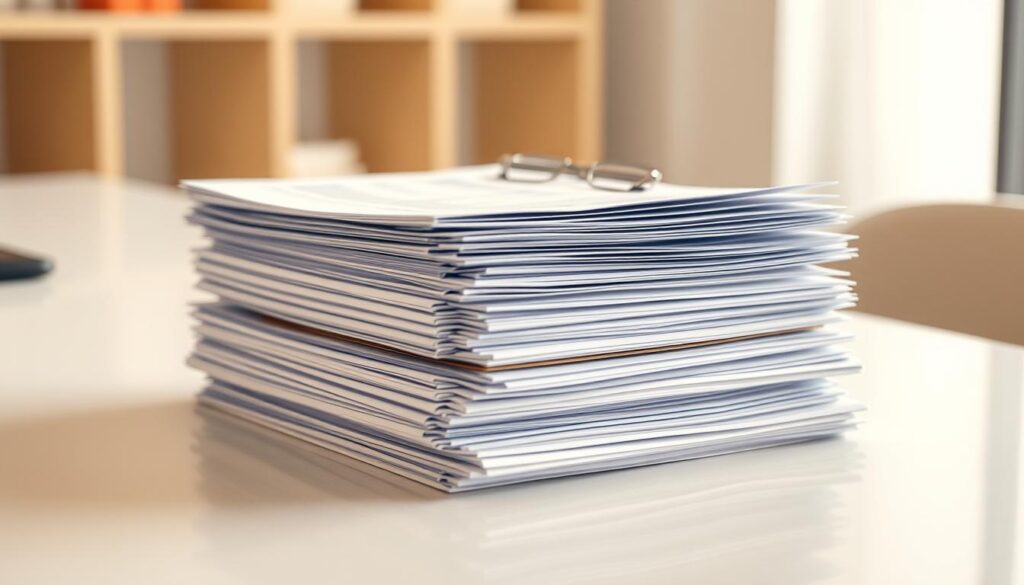 A neatly organized stack of insurance claim documentation, including forms, receipts, and supporting documents, resting on a clean, well-lit desk. The papers are arranged in a professional manner, conveying a sense of order and attention to detail. Soft, diffused lighting from above casts a warm, authoritative glow, emphasizing the importance of the materials. The background is subtly blurred, keeping the focus on the claim documents as the central subject. An air of seriousness and diligence permeates the scene, reflecting the gravity of the situation and the care taken in preparing the necessary paperwork.