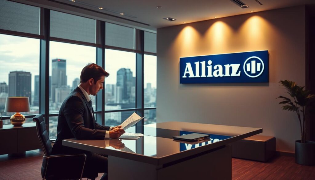 A professional-looking office interior with a large window overlooking a bustling city skyline. In the foreground, a well-dressed executive sits at a sleek, modern desk, reviewing documents and contemplating the Allianz logo prominently displayed on the wall behind them. The lighting is warm and inviting, with soft shadows and highlights accentuating the high-quality furnishings and decor. The overall atmosphere conveys a sense of security, stability, and financial expertise, reflecting the reliable protection Allianz E&O Insurance provides for high-risk businesses.