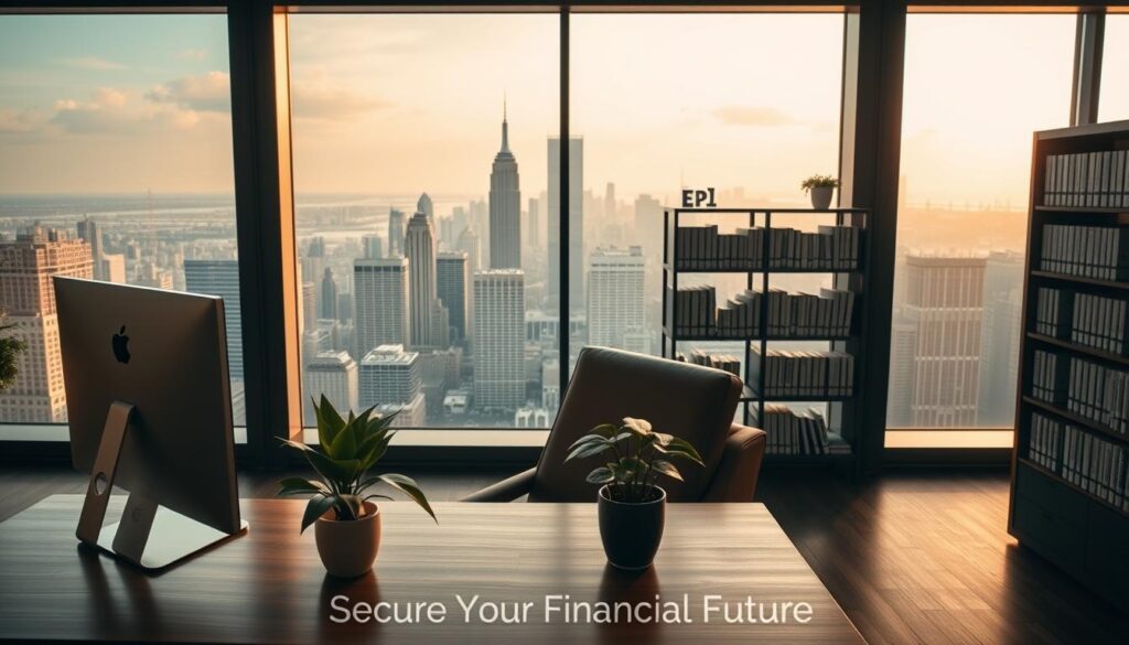 A secure, well-designed office interior with floor-to-ceiling windows offering a panoramic view of a bustling cityscape. In the foreground, a wooden desk with a sleek computer setup and a potted plant, symbolizing financial stability and growth. The middle ground features a comfortable leather armchair and a modern bookshelf filled with financial journals and reports, conveying a sense of expertise and professionalism. The background is bathed in warm, natural lighting, creating a calming and reassuring atmosphere. The overall composition suggests a harmonious blend of technology, nature, and financial security, capturing the essence of "EPI Insurance: Secure Your Financial Future."