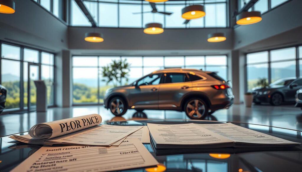 A serene, modern automotive showroom, bathed in warm, diffused lighting from tasteful overhead fixtures. In the foreground, an array of insurance policy documents and rider options are neatly arranged on a sleek glass display table, inviting closer inspection. In the middle ground, a mid-size family sedan takes center stage, its gleaming metallic finish reflecting the ambient glow. The background reveals floor-to-ceiling windows, offering a panoramic vista of a lush, verdant landscape beyond. The overall atmosphere is one of professionalism, reliability, and the promise of comprehensive coverage to protect the driver's most prized possession.