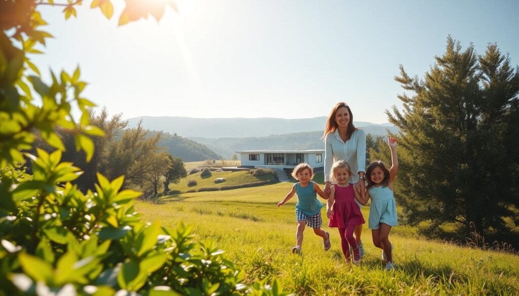 A serene, sun-dappled scene depicts the reassuring benefits of EPI Insurance. In the foreground, a vibrant, verdant landscape with lush foliage frames a family enjoying their newfound financial security. The parents, radiating contentment, stand hand-in-hand as their children frolic carefreely, their smiles reflecting the peace of mind that EPI's comprehensive coverage provides. In the middle ground, a modern, well-appointed home nestled amongst rolling hills symbolizes the financial stability and protection EPI offers. The warm, golden light bathes the scene, evoking a sense of comfort and harmony, a visual representation of the confidence and assurance that choosing EPI Insurance can bring.