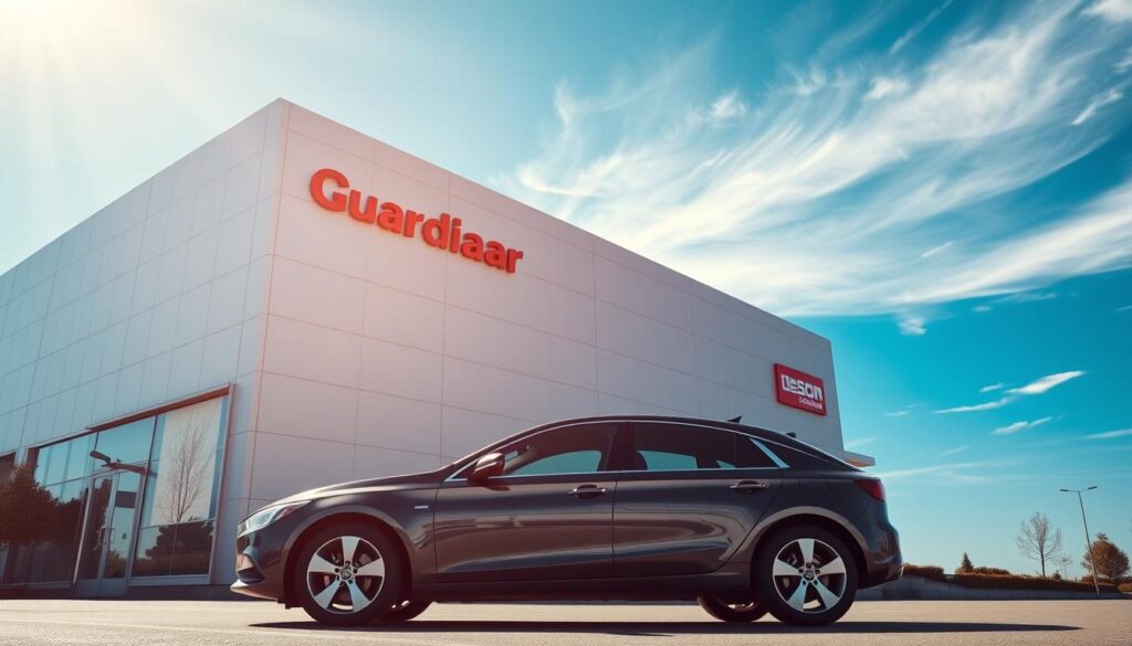A serene, sunlit scene of a modern, sleek Guardian Car Insurance office building, its minimalist facade gleaming with a subtle metallic sheen. In the foreground, a well-maintained, mid-sized sedan in a deep, reflective color sits prominently, symbolizing the company's commitment to protecting its customers' vehicles. The building's architectural style blends clean lines and angular forms, conveying a sense of reliability and professionalism. Wispy clouds drift across a bright, azure sky, casting gentle shadows that accentuate the building's striking silhouette. The overall atmosphere radiates a sense of security, inviting the viewer to trust Guardian Car Insurance with the safekeeping of their prized possession.