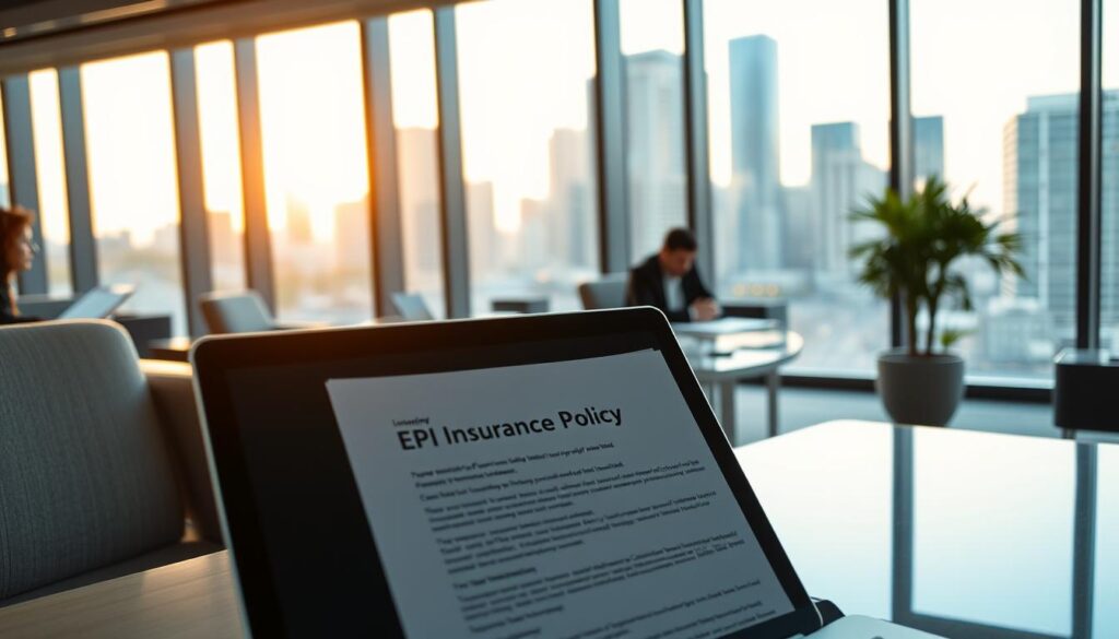 A sleek and modern office interior with stylish furniture and clean lines. In the foreground, a laptop displays an EPI insurance policy document, its details clearly visible. The middle ground features a person working at a desk, deep in thought as they review the policy. The background showcases large windows overlooking a vibrant cityscape, bathed in warm, natural lighting. The atmosphere conveys a sense of security, professionalism, and financial stability, reflecting the core values of EPI insurance coverage.