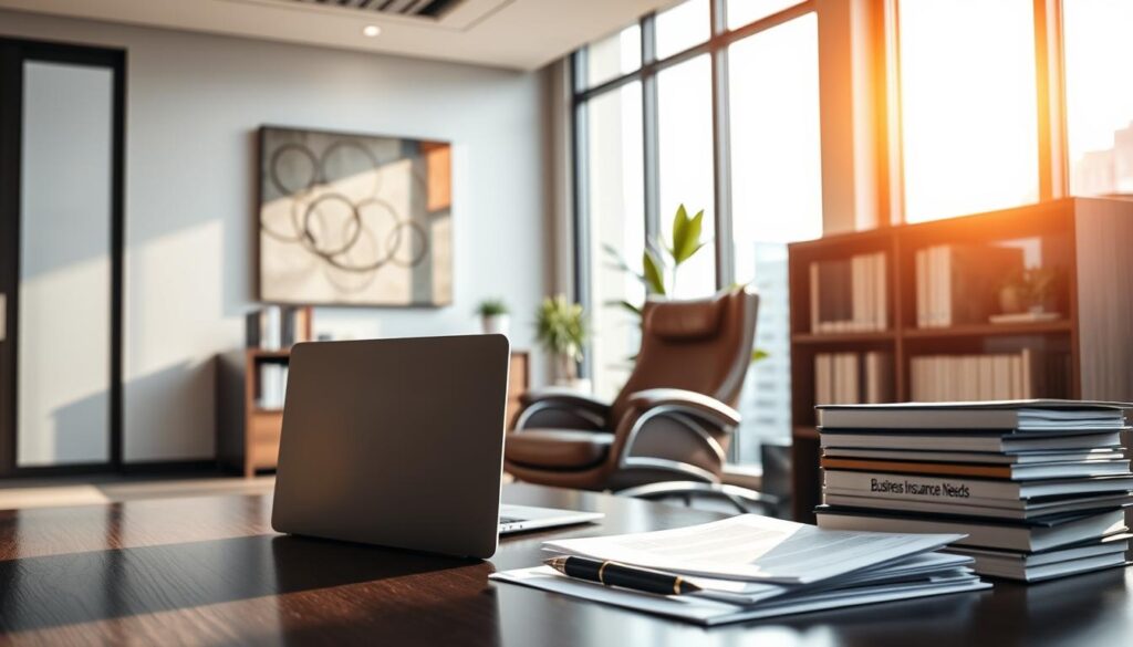 A sleek, modern business office interior with floor-to-ceiling windows, bathed in warm, natural lighting. In the foreground, a well-appointed desk with a laptop, pen, and a stack of documents labeled "Business Insurance Needs". In the middle ground, an executive-style leather chair and a bookshelf filled with industry-relevant tomes. The background features abstract wall art and a potted plant, creating a sophisticated, professional atmosphere. The overall scene conveys a sense of security, expertise, and a commitment to addressing the insurance requirements of a thriving business.