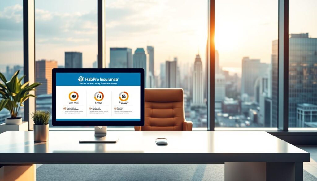 A sleek, modern office interior with a large window overlooking a vibrant cityscape. In the foreground, a well-designed desk with a desktop computer displays an infographic highlighting the key benefits of HabPro Insurance - comprehensive coverage, personalized plans, and exceptional customer service. The mid-ground features a comfortable leather chair and a minimalist décor, creating a professional yet inviting atmosphere. The background showcases the bustling city skyline, emphasizing the security and reliability that HabPro Insurance provides to its customers. The lighting is warm and natural, creating a sense of trust and reliability. The overall composition conveys the message of HabPro Insurance as a dependable and forward-thinking provider of home insurance solutions.