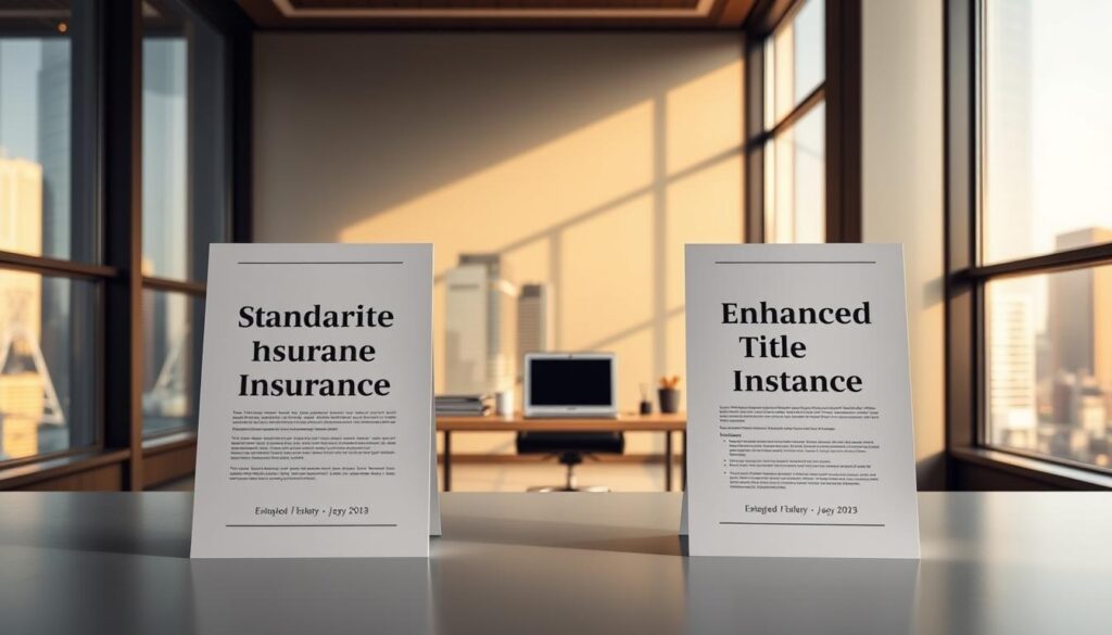 A sleek, modern office scene with a minimalist design. In the foreground, two identical business documents stand side by side, one labeled "Standard Title Insurance" and the other "Enhanced Title Insurance". The documents are backlit, casting a soft glow and drawing the viewer's attention. In the middle ground, a desk with a laptop and a few office supplies sits, bathed in warm, directional lighting. The background features floor-to-ceiling windows overlooking a bustling city skyline, creating a sense of scale and professionalism. The overall mood is one of clarity, sophistication, and the contrast between the standard and enhanced options.
