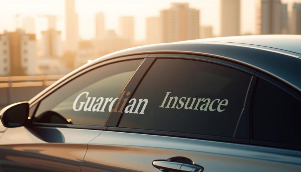 A sleek, modern sedan with the Guardian Insurance logo prominently displayed on the side panel. The car is illuminated by warm, golden sunlight, casting subtle shadows that accentuate its elegant contours. The background features a blurred urban landscape, suggesting a prosperous, vibrant city. The overall composition conveys a sense of dependability, security, and sophistication, reflecting the core values of the Guardian Insurance brand.