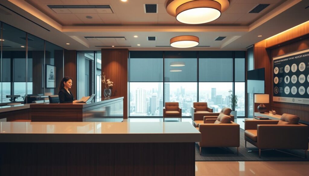A sophisticated insurance office interior with a warm, inviting atmosphere. In the foreground, a sleek wooden reception desk staffed by a professional receptionist. Behind, an expansive seating area with plush leather chairs and a modern coffee table. The middle ground features a floor-to-ceiling window offering a view of a bustling city skyline. Subtle lighting fixtures cast a soft glow, creating a sense of comfort and security. The background showcases a wall display showcasing various insurance policies and services, hinting at the comprehensive nature of the offerings. The overall scene conveys a sense of expertise, reliability, and customer-centric focus.
