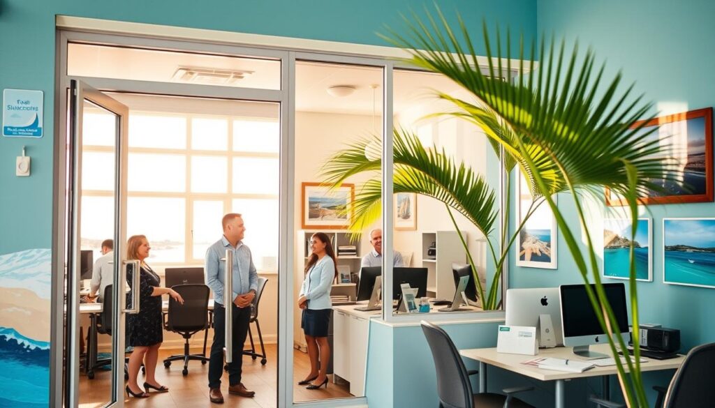 A sun-dappled seaside office, its facade adorned with a vibrant coastal-themed mural. Through the glass doors, a team of friendly agents greet clients, ready to guide them through the intricacies of beachside insurance. The interior is warm and inviting, with soothing blues and greens that evoke the nearby ocean. Nautical decor and framed photographs of scenic coastlines create a serene, island-inspired ambiance. Natural light streams in, casting a soft glow on the workspace, where computer screens display insurance policies and coverage options. In the background, a lush palm tree sways gently, hinting at the tranquil coastal setting beyond the office walls.