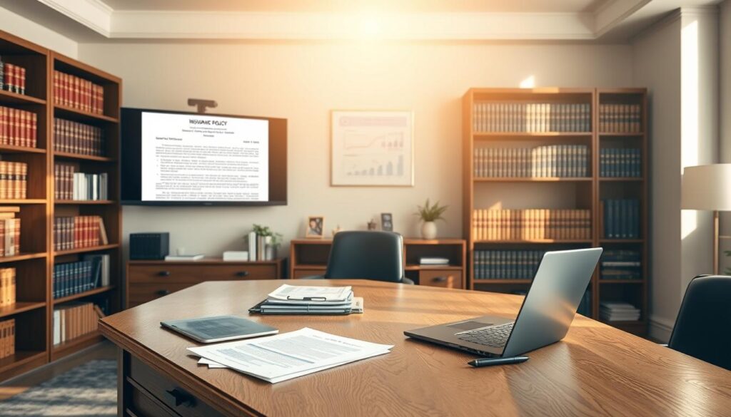 A sunlit office interior, a sturdy oak desk in the foreground, various business documents and a laptop resting on its surface. In the middle ground, a wall-mounted monitor displays an insurance policy document, highlighting key coverage details. The background features bookcases filled with legal tomes, casting a warm, professional ambiance. Soft, directional lighting illuminates the scene, creating depth and emphasizing the importance of comprehensive property coverage for high-risk businesses.