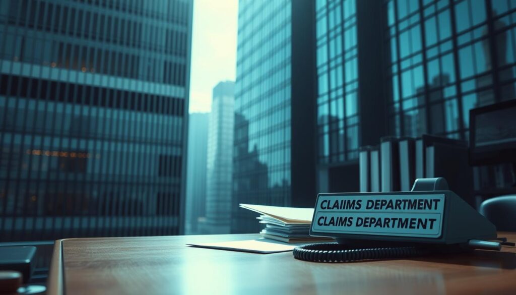 A towering, imposing building with a sleek, modern facade, its windows reflecting the city skyline. In the foreground, a desk with a nameplate 'CLAIMS DEPARTMENT' sits prominently, surrounded by folders, documents, and a ringing desk phone, conveying a sense of bureaucratic efficiency. The lighting is cool and clinical, casting long shadows across the scene, hinting at the complex, often impersonal nature of insurance processes. The overall atmosphere is one of authority, control, and a subtle undercurrent of unease, as if the viewer is being scrutinized by the unseen decision-makers within.