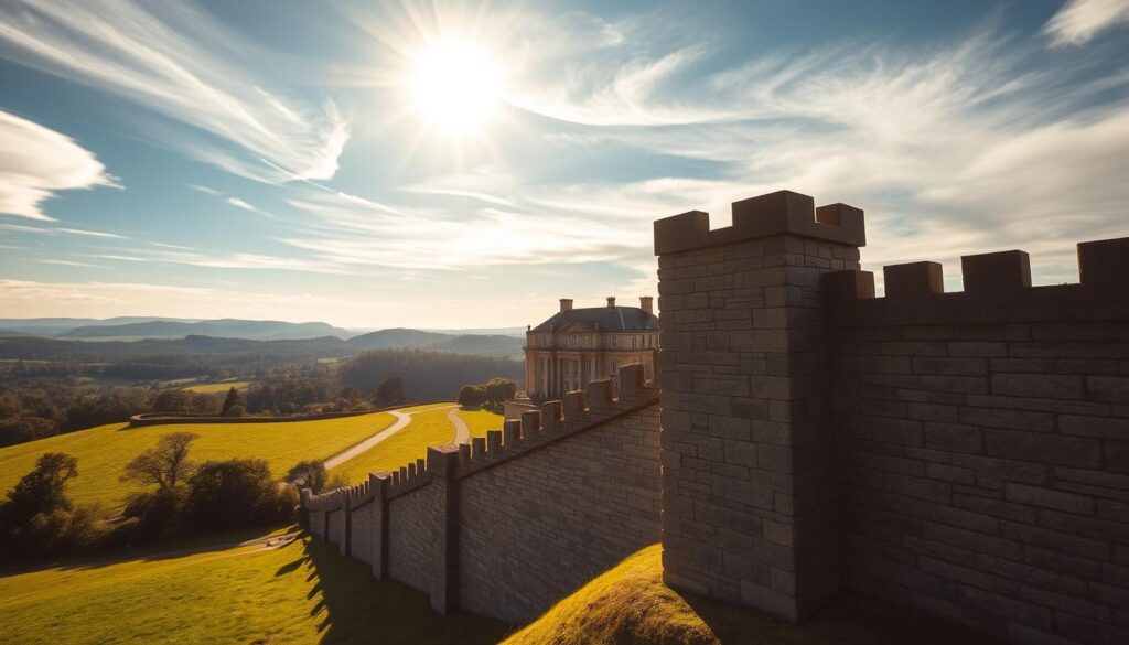 A vast, panoramic landscape with a grand, stately manor house nestled in the lush, rolling hills. Sunlight filters through wispy clouds, casting a warm, golden glow over the scene. In the foreground, a towering stone wall stands as a symbol of secure, expansive property protection, its sturdy blocks meticulously crafted. In the distance, the manor's elegant architecture and manicured gardens exude an air of prestigious, well-guarded ownership. The composition evokes a sense of strength, stability, and the assurance of comprehensive title insurance coverage.