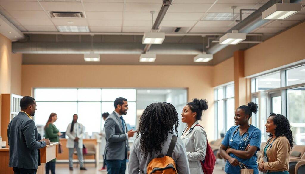 A vibrant community health center bustling with activity. In the foreground, patients of diverse backgrounds engage with friendly staff, discussing their medical needs. The reception area is well-lit, with warm, inviting colors and modern, ergonomic furniture. In the middle ground, examination rooms equipped with the latest medical technology, where skilled healthcare professionals provide comprehensive care. The background showcases an expansive waiting area, with large windows allowing natural light to flood the space, creating a calming, therapeutic atmosphere. The overall scene conveys a sense of community, trust, and a steadfast commitment to delivering exceptional healthcare services.