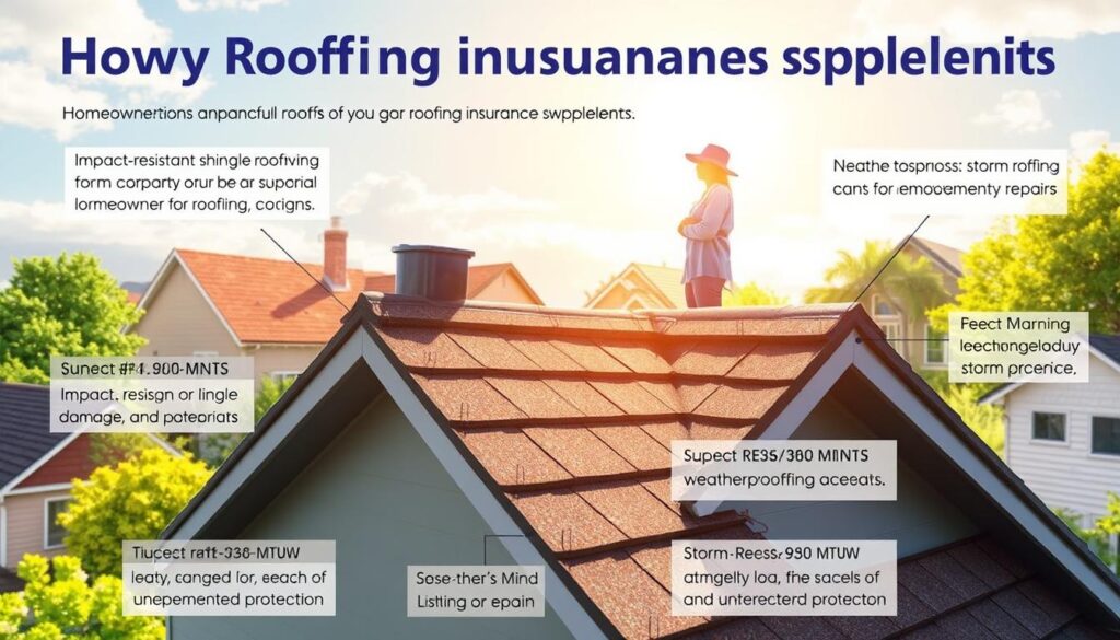 A vibrant, detailed illustration of the key benefits of roofing insurance supplements. In the foreground, a sturdy, well-maintained roof with various protective layers and accessories highlighted, such as impact-resistant shingles, ventilation systems, and weatherproofing materials. In the middle ground, homeowners enjoy peace of mind, their property safeguarded against storm damage, leaks, and unexpected repairs. The background depicts a serene, sun-dappled neighborhood, reinforcing the idea of long-term security and investment protection. The lighting is warm and natural, emphasizing the reliable, dependable nature of the roofing insurance supplements. The overall composition conveys a sense of durability, resilience, and the value of proactive risk management for homeowners.