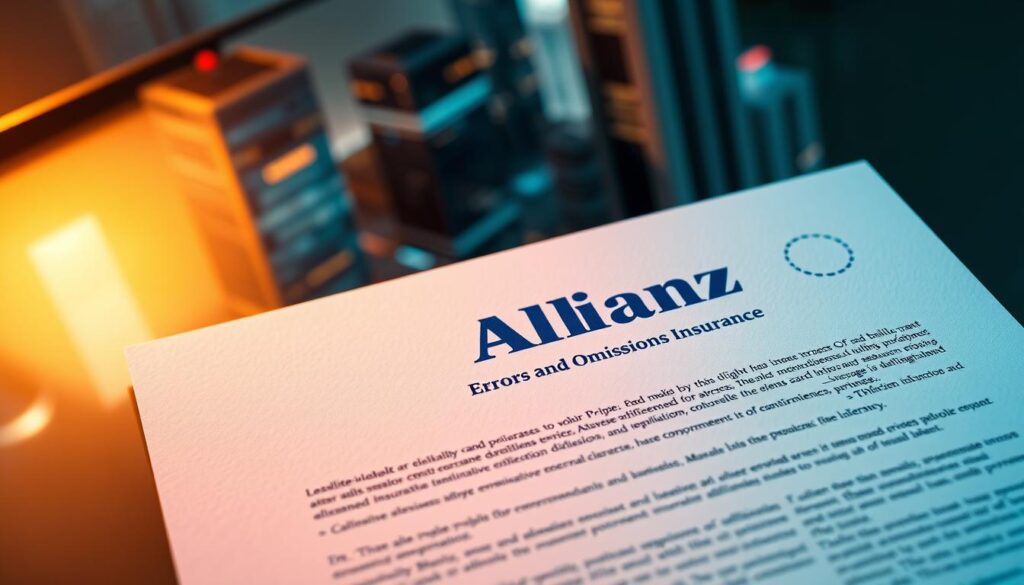 A vibrant, high-resolution image of Allianz's Errors and Omissions Insurance policy document. In the foreground, the Allianz logo and policy title are prominently displayed on a sleek, textured background. The middle ground features intricate details of the policy's fine print, showcasing the comprehensive coverage and legal jargon. In the background, a soft-focus cityscape with towering skyscrapers represents the high-risk business environment the policy is designed to protect. The lighting is warm and inviting, creating a sense of security and professionalism. The perspective is slightly elevated, giving the viewer a bird's-eye view of the document, emphasizing its importance and significance.