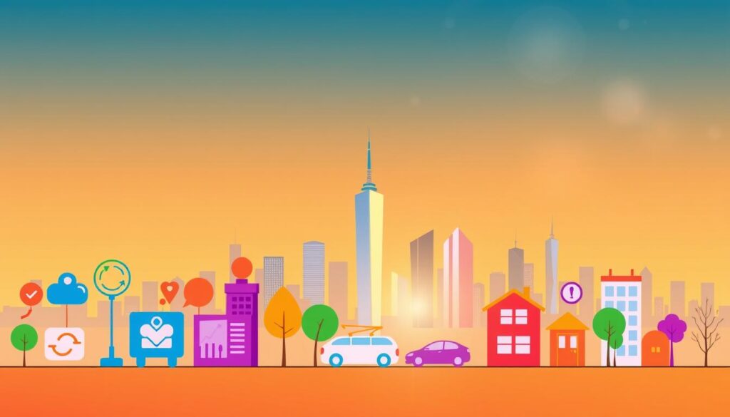 A vibrant illustration showcasing the diverse types of insurance coverage offered by EPI Insurance. In the foreground, a series of colorful icons and symbols representing various insurance products like life, health, auto, home, and business coverage. In the middle ground, a sleek and modern cityscape, conveying a sense of financial security and protection. The background features a warm, gradient sky with subtle lens flare, creating a sense of depth and a professional, high-quality aesthetic. The overall composition is well-balanced, with a harmonious color palette and a clean, minimalist design that effectively communicates the range of insurance solutions available.