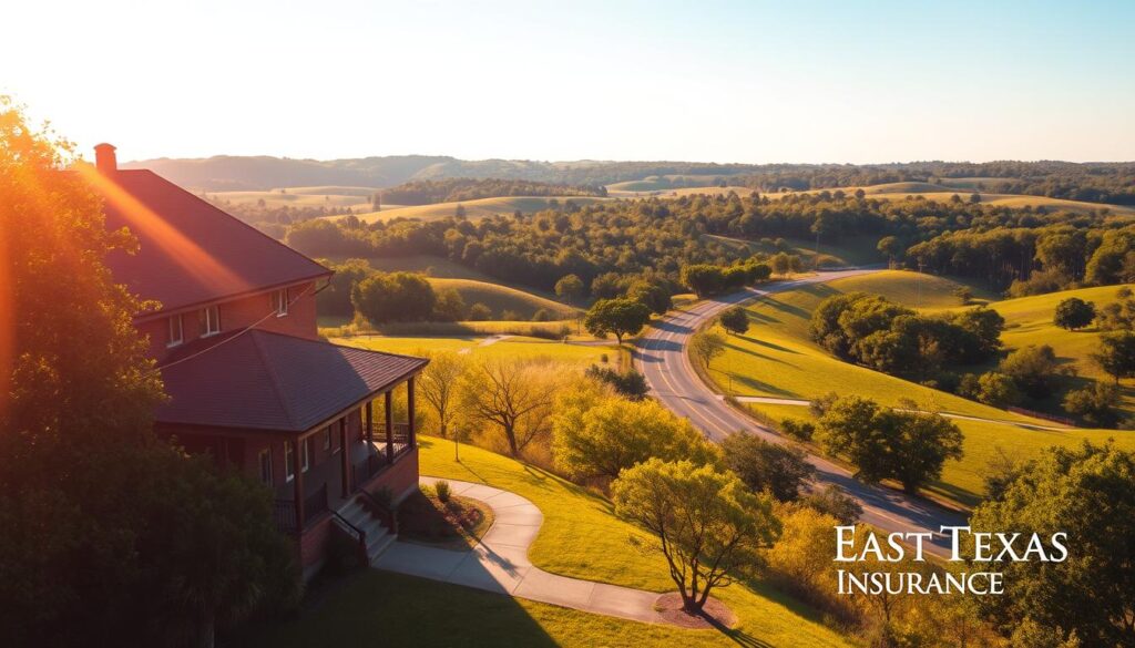 A vibrant landscape showcasing the picturesque rolling hills and lush greenery of East Texas. In the foreground, a stately building with a traditional Southern architectural style, its warm brick facade and inviting porch exuding a sense of comfort and reliability. Sunlight filters through the trees, casting a golden glow over the scene. In the middle ground, a tree-lined road winds through the countryside, suggesting the connectivity and accessibility of the region. The background features a horizon line dotted with verdant trees, creating a serene and tranquil atmosphere. Subtle lens flare adds a touch of dreaminess, conveying the trustworthiness and dependability of East Texas Insurance.