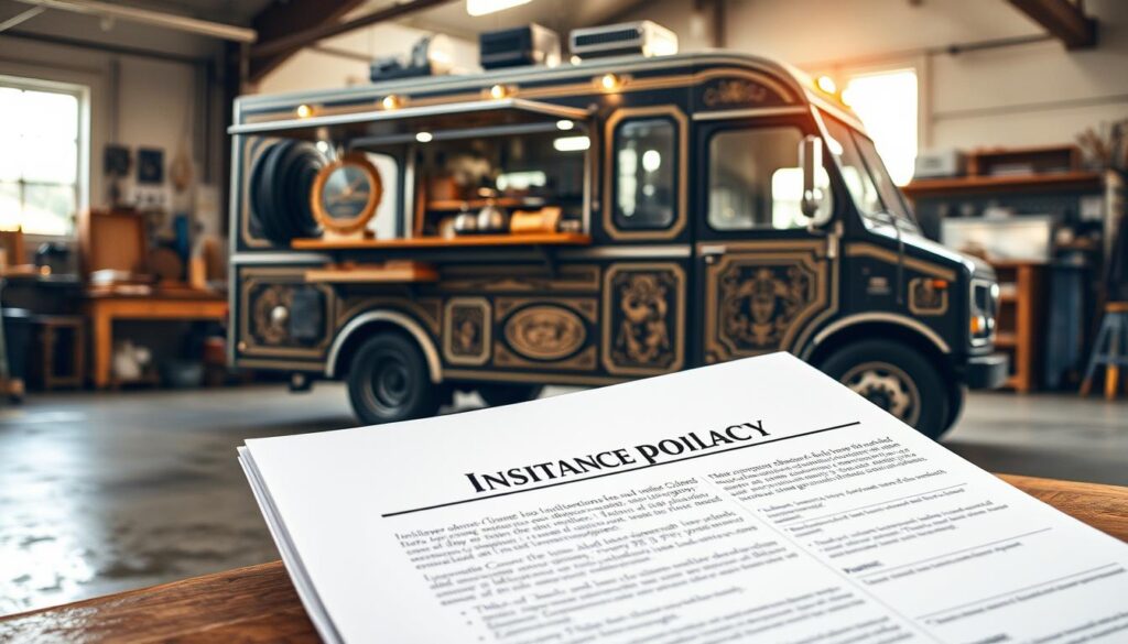 A well-designed artisan truck with intricate details, parked in a sunlit workshop filled with tools and artisanal materials. The truck's exterior reflects the owner's craftsmanship, with hand-painted accents and specialized equipment. In the foreground, an open insurance policy document highlights the tailored coverage for this unique business. Soft shadows and warm lighting create an atmosphere of professionalism and attention to detail. The scene conveys the specialized nature of artisan truck operations and the importance of customized insurance solutions.
