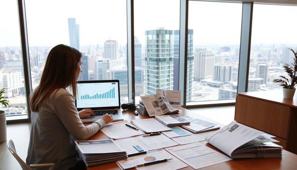 A well-lit, modern office interior with a large window overlooking a cityscape. In the foreground, a professional-looking couple sits at a desk, discussing financial documents and reviewing various charts and graphs displayed on a laptop screen. The middle ground features an array of brochures, forms, and other materials related to financial assistance programs, neatly organized on the desk. The background showcases the cityscape, with skyscrapers and a vibrant skyline, conveying a sense of financial security and opportunity. The lighting is warm and inviting, creating a professional yet approachable atmosphere.