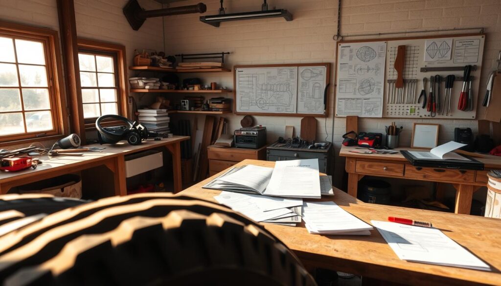 A well-lit workshop interior, with an array of tools, materials, and truck parts neatly organized on sturdy wooden workbenches. In the foreground, a large truck tire rests, casting soft shadows across the scene. Sunlight streams in through a large window, illuminating the space with a warm, inviting glow. In the middle ground, various insurance documents, checklists, and calculators are spread out, representing the careful consideration of factors like coverage needs, liability, and cost. The background features a wall-mounted board displaying schematics, diagrams, and notes, symbolizing the technical expertise required to maintain and insure an artisan's specialized truck. The overall atmosphere conveys a sense of thoughtful planning and attention to detail.