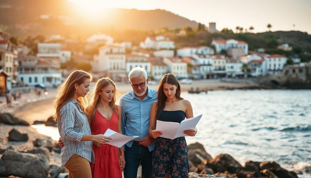 An idyllic coastal landscape with a quaint seaside town in the background. In the foreground, a family stands by the water's edge, reviewing insurance documents and discussing their policy coverage. The sun casts a warm, golden glow over the scene, highlighting the vibrant colors of the beach, the crisp lines of the buildings, and the concerned expressions on the family's faces. A sense of security and protection permeates the image, suggesting the importance of having the right beachside insurance to safeguard one's coastal oasis.