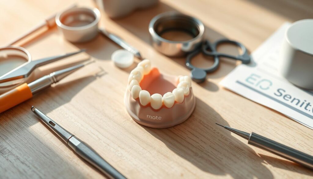Detailed dental documentation with crown placement artifacts on a light wooden surface. Close-up view showcasing various dental tools, materials, and a model dental crown. Soft, natural lighting illuminates the scene, highlighting the textures and details. The composition emphasizes the technical and clinical aspects of the procedure, conveying a sense of professionalism and attention to detail. The overall mood is one of clinical precision and thorough record-keeping.