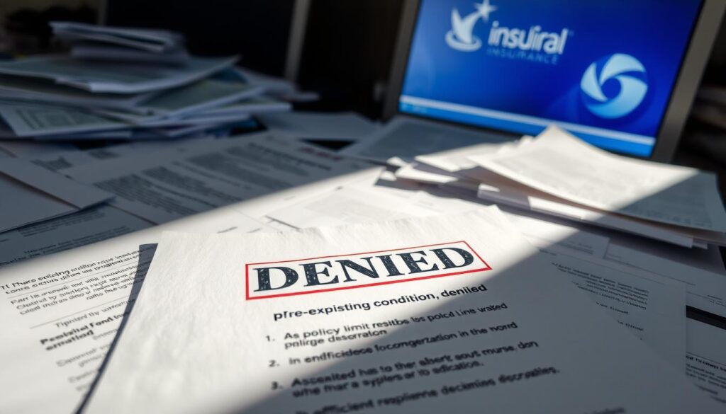 Detailed insurance documents scattered on a cluttered desk, casting long shadows from a harsh overhead light. In the foreground, a stamped 'DENIED' notice stands out amidst the paperwork chaos. The middle ground features a variety of common denial reasons - 'pre-existing condition', 'policy limit reached', 'insufficient documentation' - typed onto official-looking forms. In the background, a computer monitor displays an insurance company's logo, hinting at the corporate bureaucracy behind the denials. The overall mood is one of frustration and disillusionment with the opaque and seemingly unfair claims process.