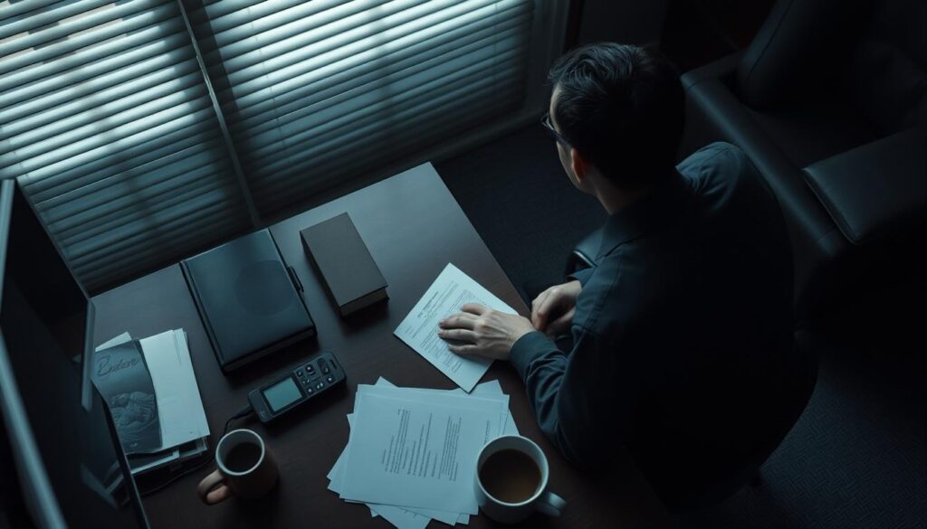 Detailed office setting with a person seated at a desk, facing away, engaged in a recorded conversation. Muted light filtering through blinds, casting soft shadows. Overhead camera angle, slightly oblique, capturing the tension and vulnerability of the situation. Desk strewn with documents, digital recorder, and a cup of coffee, conveying the weight of the recorded statement. Somber, introspective mood, hinting at the risks and consequences of the recorded interaction.