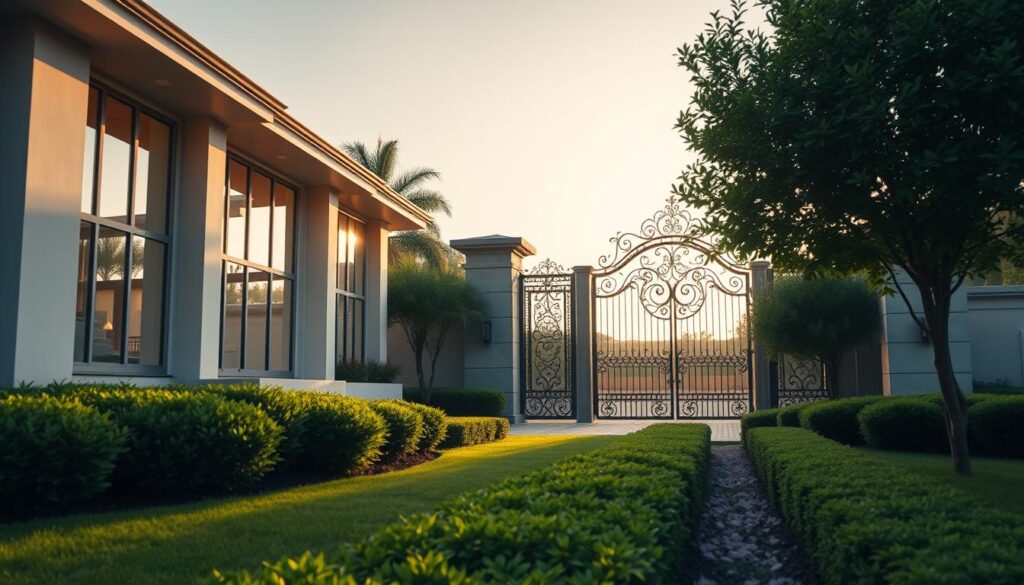 Expansive property protection, a meticulously crafted architectural landscape. In the foreground, an elegant, modern home with clean lines and expansive windows, bathed in warm, natural lighting. The middle ground showcases lush, manicured greenery, a testament to the property's attention to detail. In the distance, a towering gate with intricate metalwork, signifying the secure, fortified boundaries of this haven. The atmosphere conveys a sense of tranquility, safety, and the promise of a life well-protected. Captured through a wide-angle lens, this image captures the essence of enhanced title insurance - a comprehensive shield safeguarding your most valuable asset.