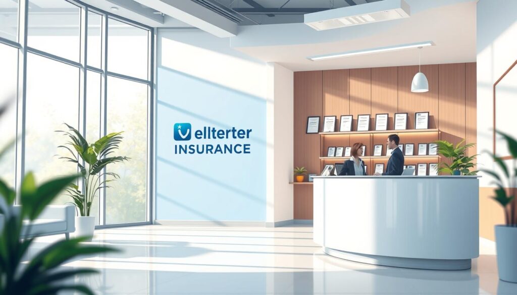 High-quality, detailed digital illustration of a modern, trustworthy insurance company's office interior. Bright, airy reception area with large windows, warm lighting, and a sleek, modern design. Prominent display of the company's brand and logo. Desk with a professional-looking agent assisting a client. Background shows shelves of insurance documents and awards/certificates, conveying the company's experience and reliability. Soft, calming color palette of blues, grays, and whites. Subtle use of depth of field to focus attention on the central figures. Crisp, sharp focus and clean, photorealistic rendering.